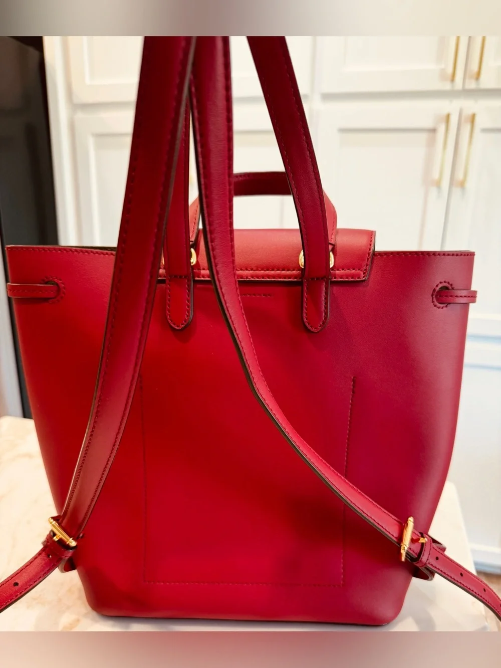 Lauren Ralph Lauren Red Smooth Leather Drawstring Backpack/ purse